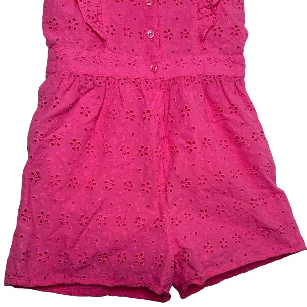 Janie and Jack Pink Eyelet Romper Girls 8 Ruffle Strap Summer Vacation Outfit - Picture 7 of 11